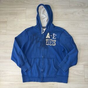 Vintage Y2K American Eagle Hoodie Men's XXL Blue Eagle Graphic Zip Sweatshirt